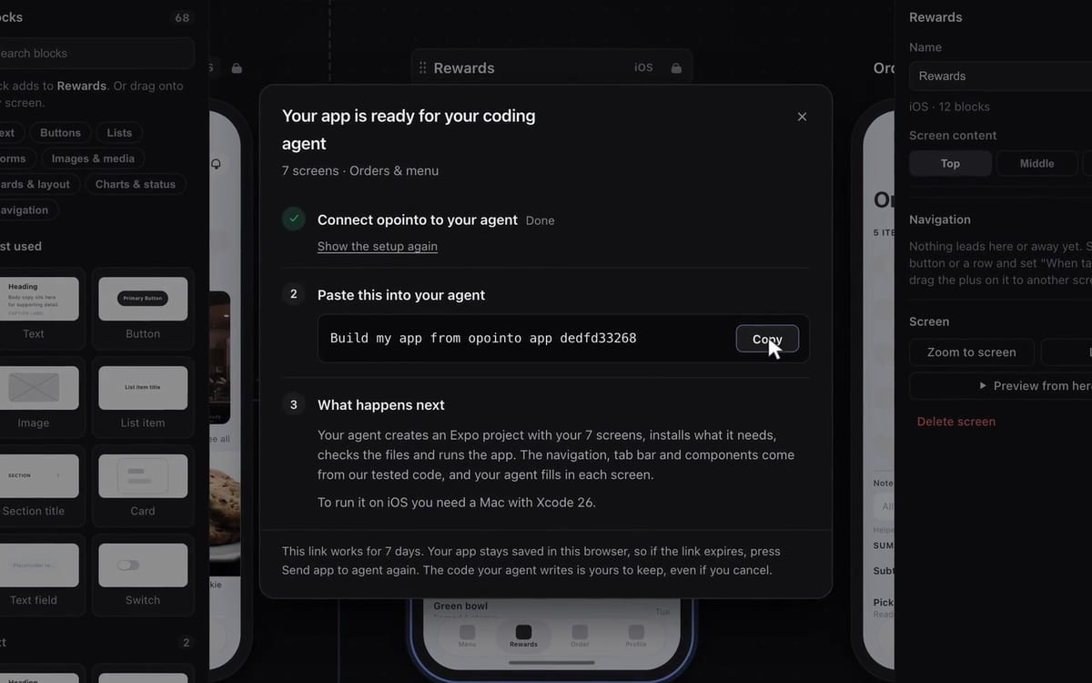 The App Builder's handover dialog with the one line to paste into a coding agent