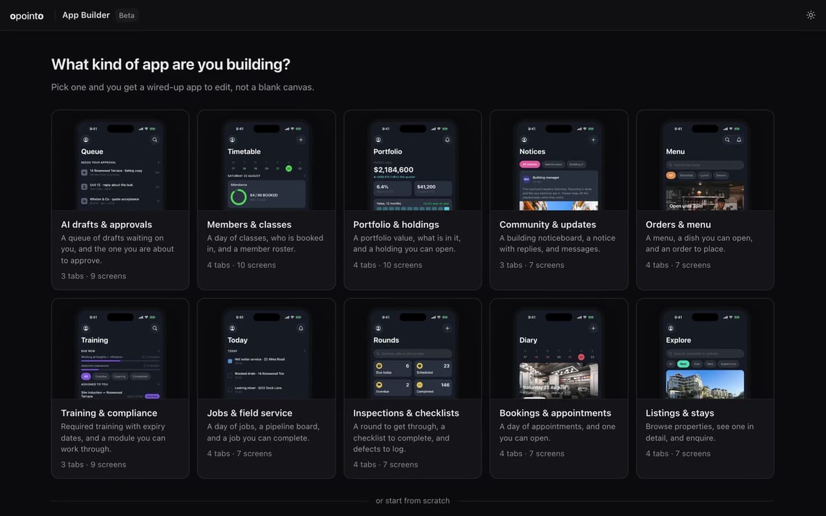 The App Builder's starter picker, showing ten starter apps