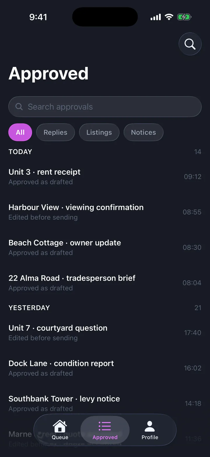 AI drafts & approvals, the Approved screen