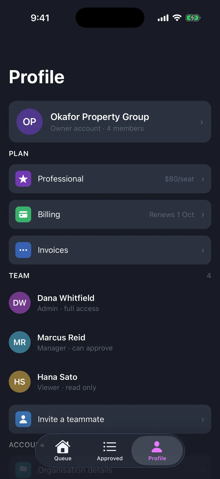 AI drafts & approvals, the Profile screen