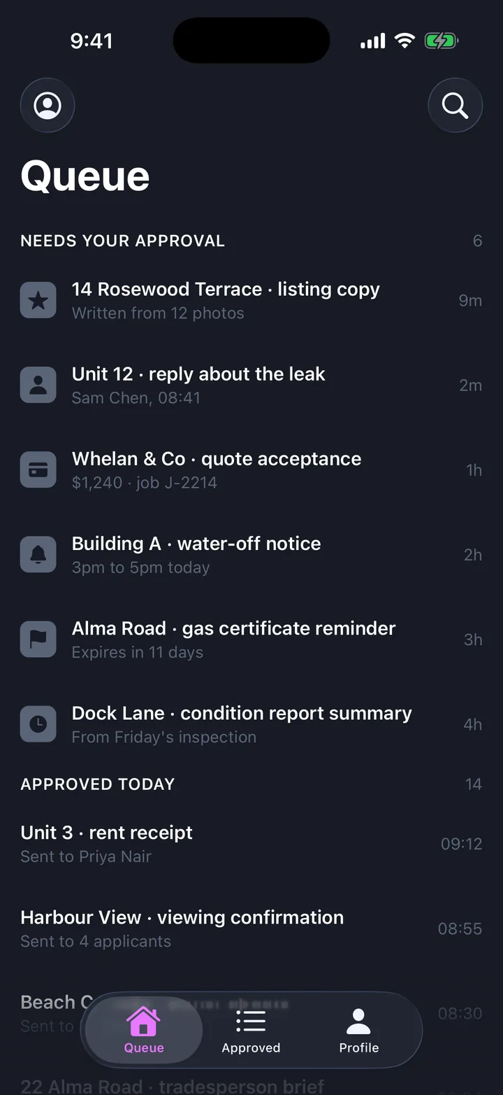 AI drafts & approvals, the Queue screen