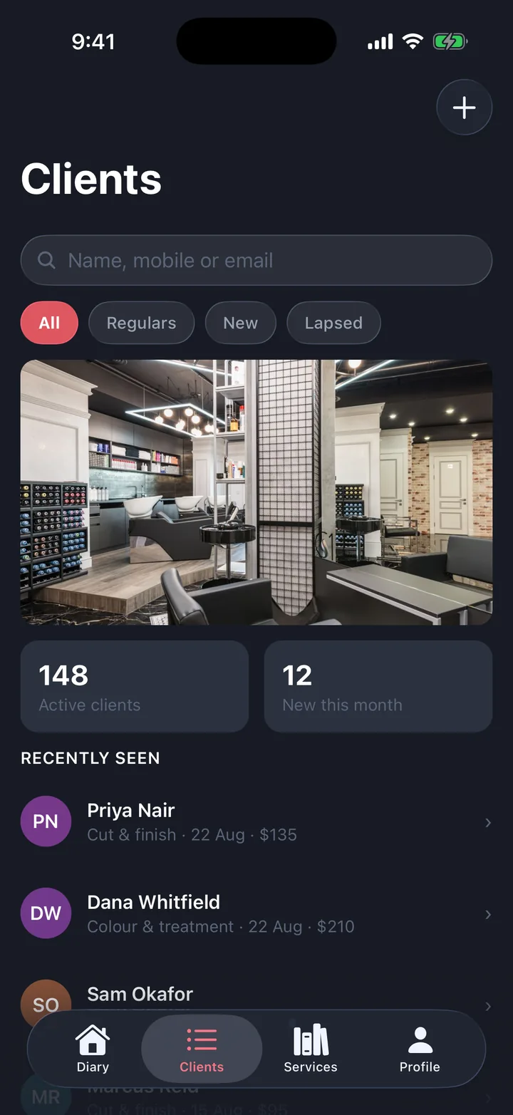 Bookings & appointments, the Clients screen