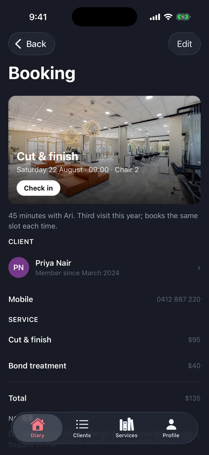 Bookings & appointments, the Booking screen
