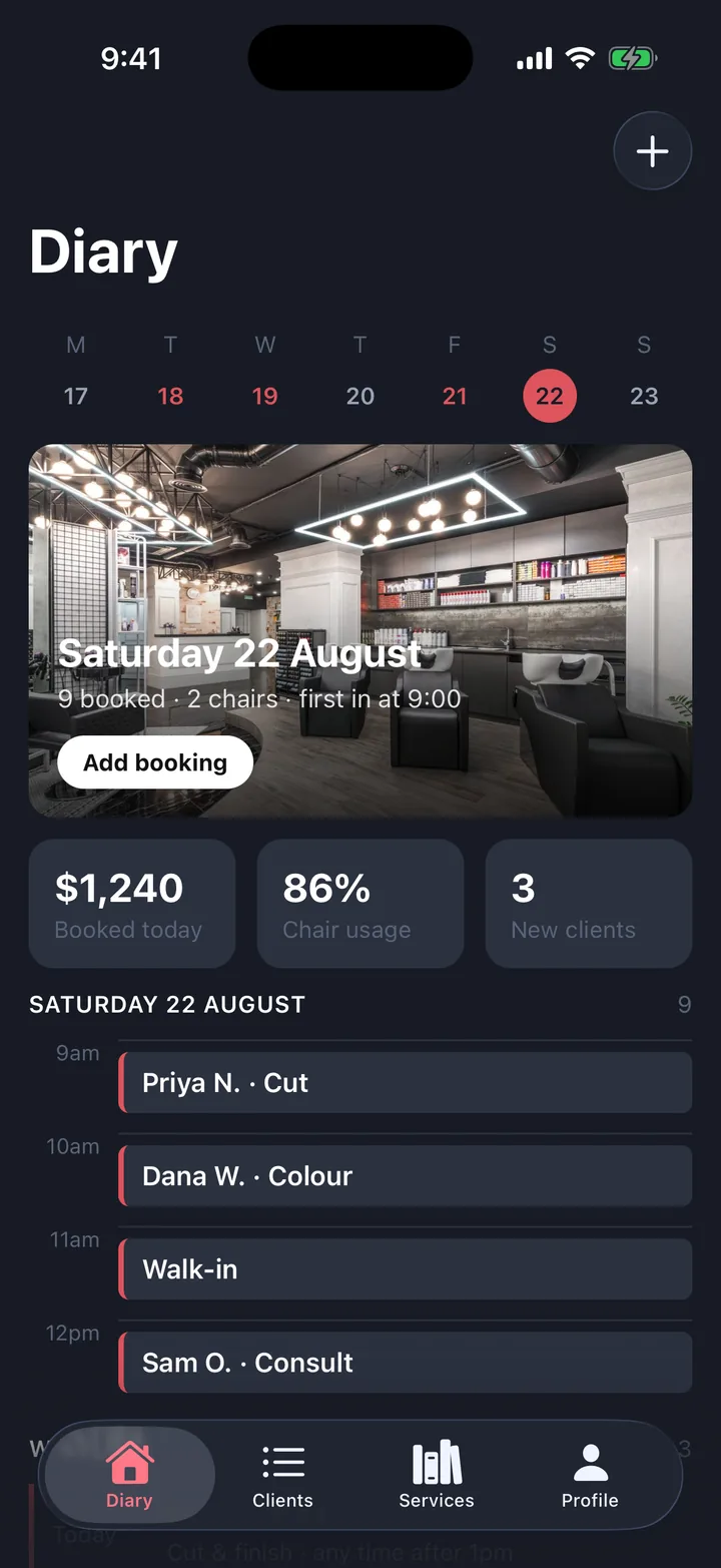 Bookings & appointments, the Diary screen