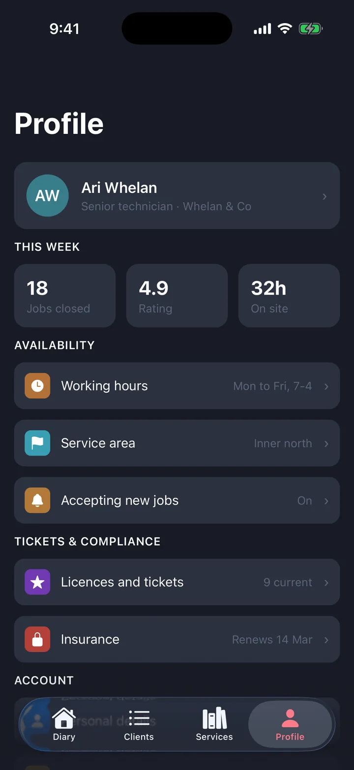 Bookings & appointments, the Profile screen