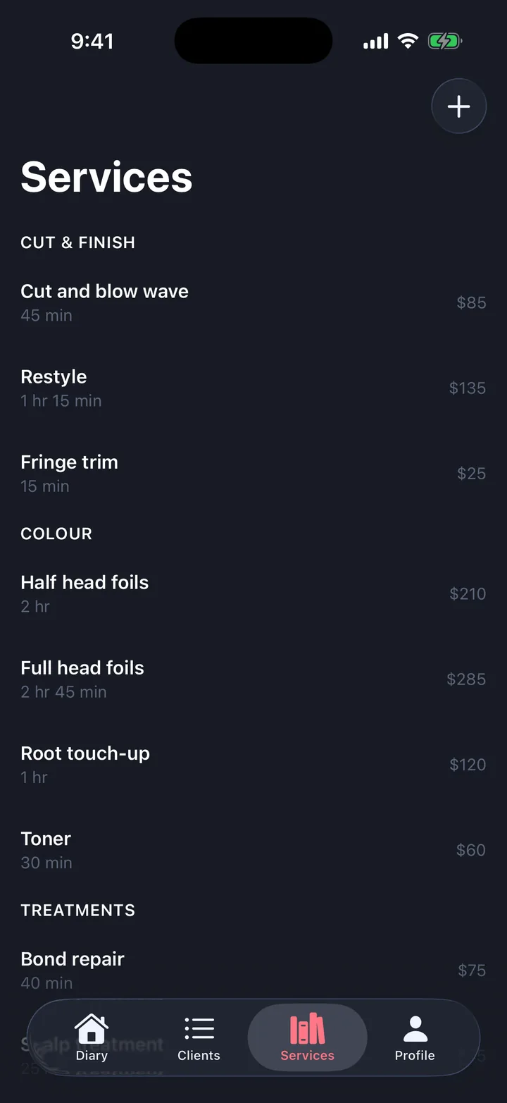 Bookings & appointments, the Services screen