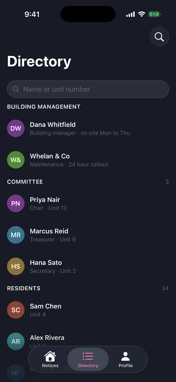 Community & updates, the Directory screen