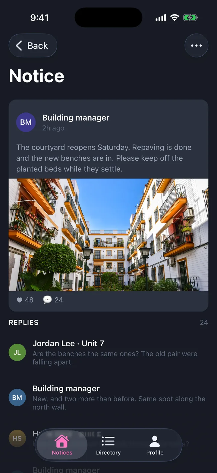 Community & updates, the Notice screen