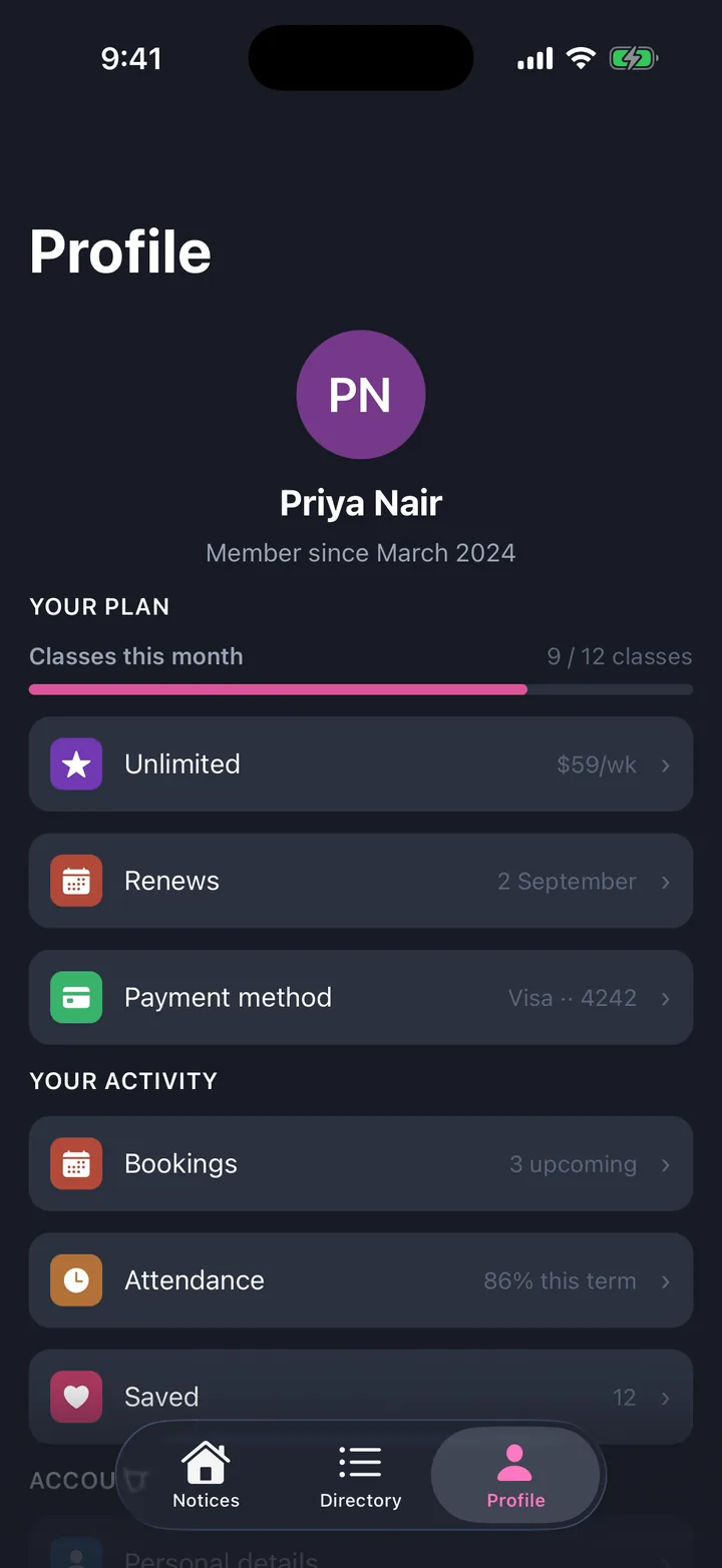 Community & updates, the Profile screen