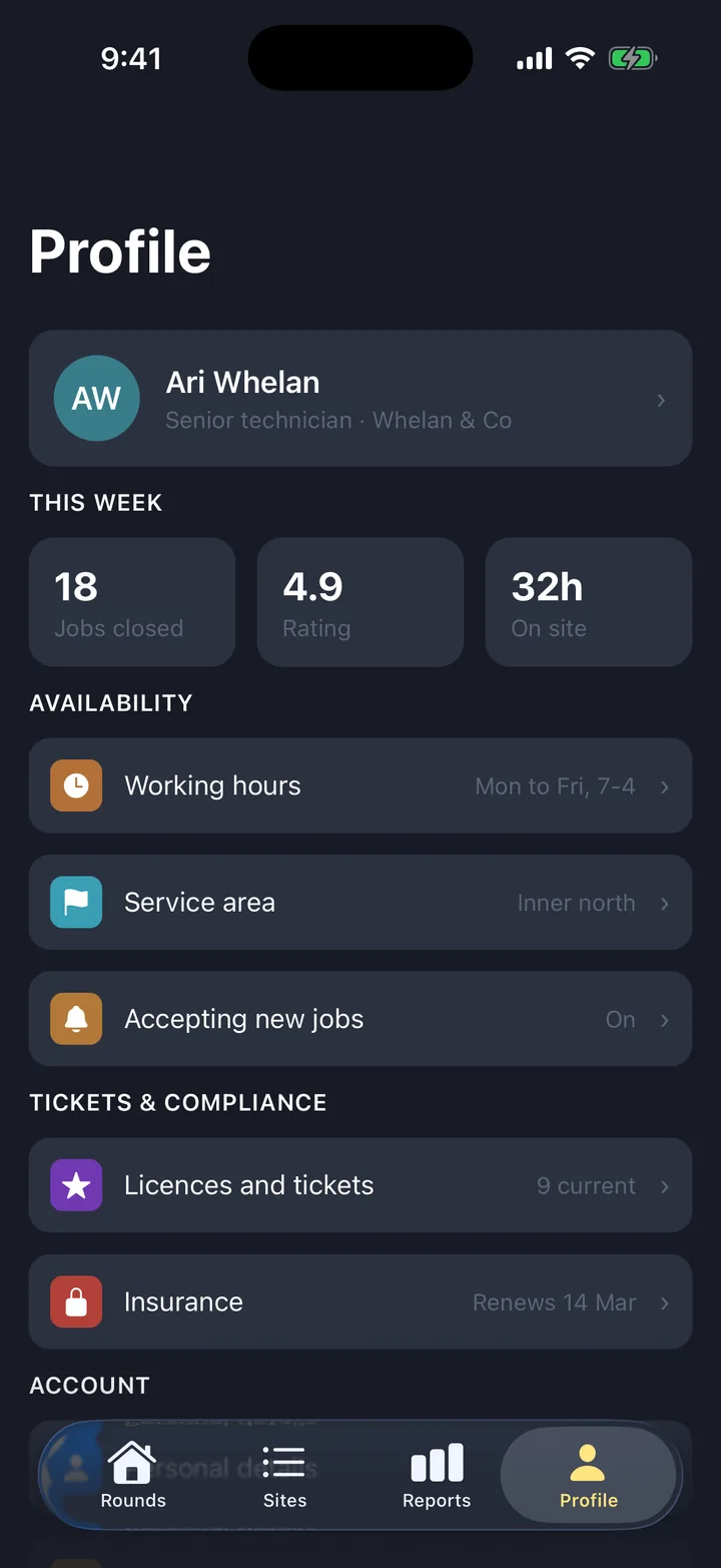 Inspections & checklists, the Profile screen