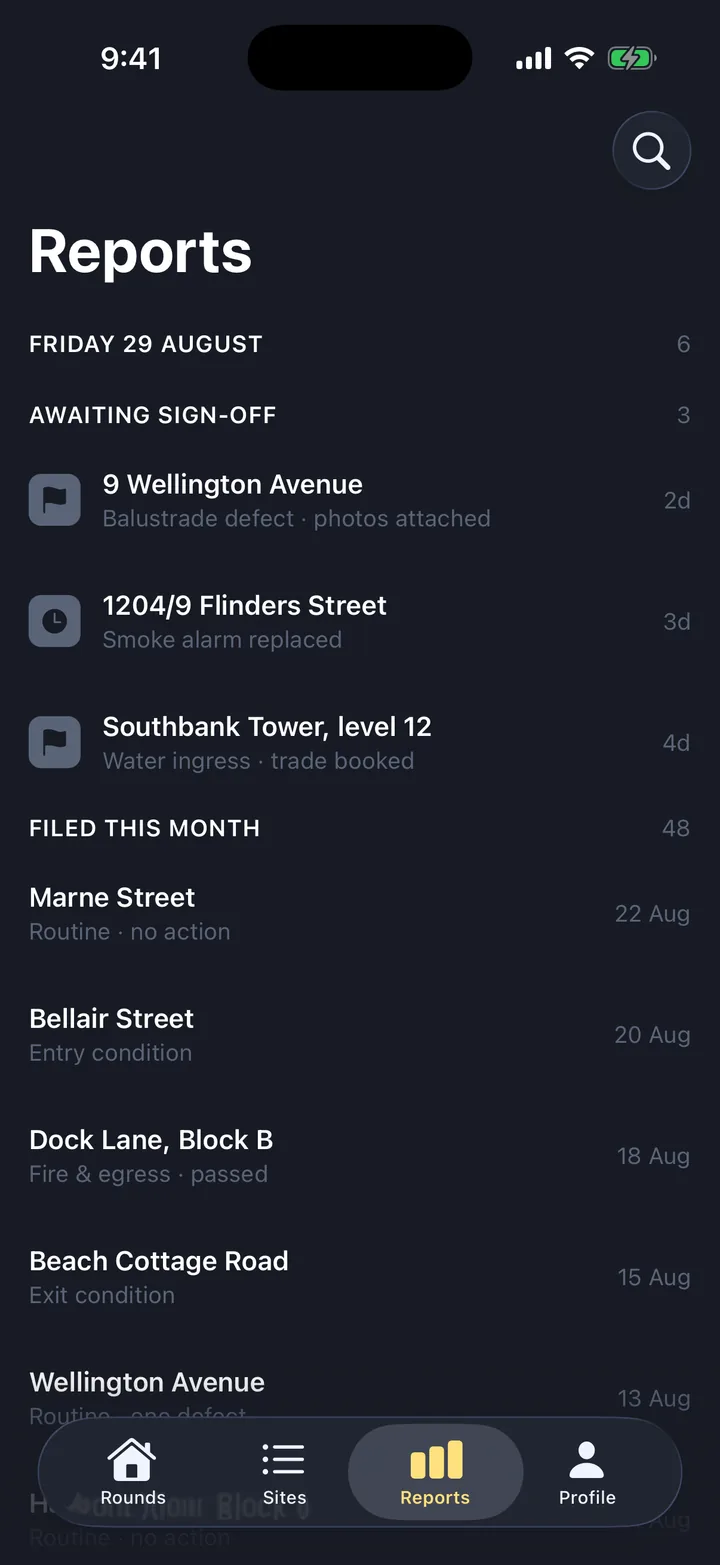 Inspections & checklists, the Reports screen