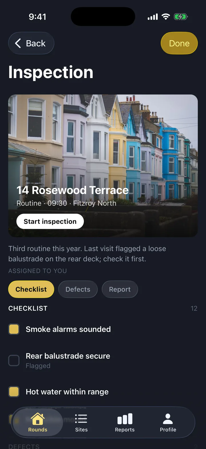 Inspections & checklists, the Inspection screen