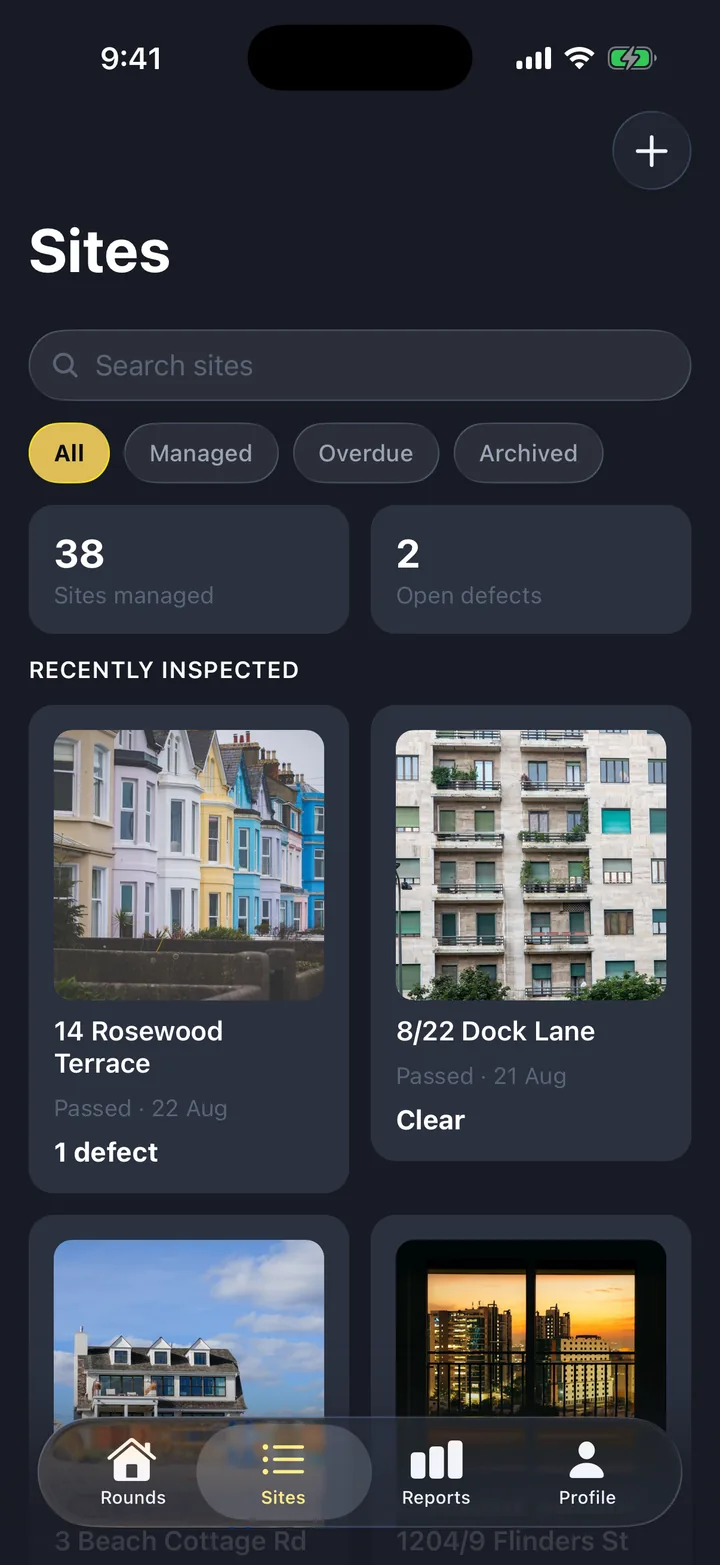 Inspections & checklists, the Sites screen