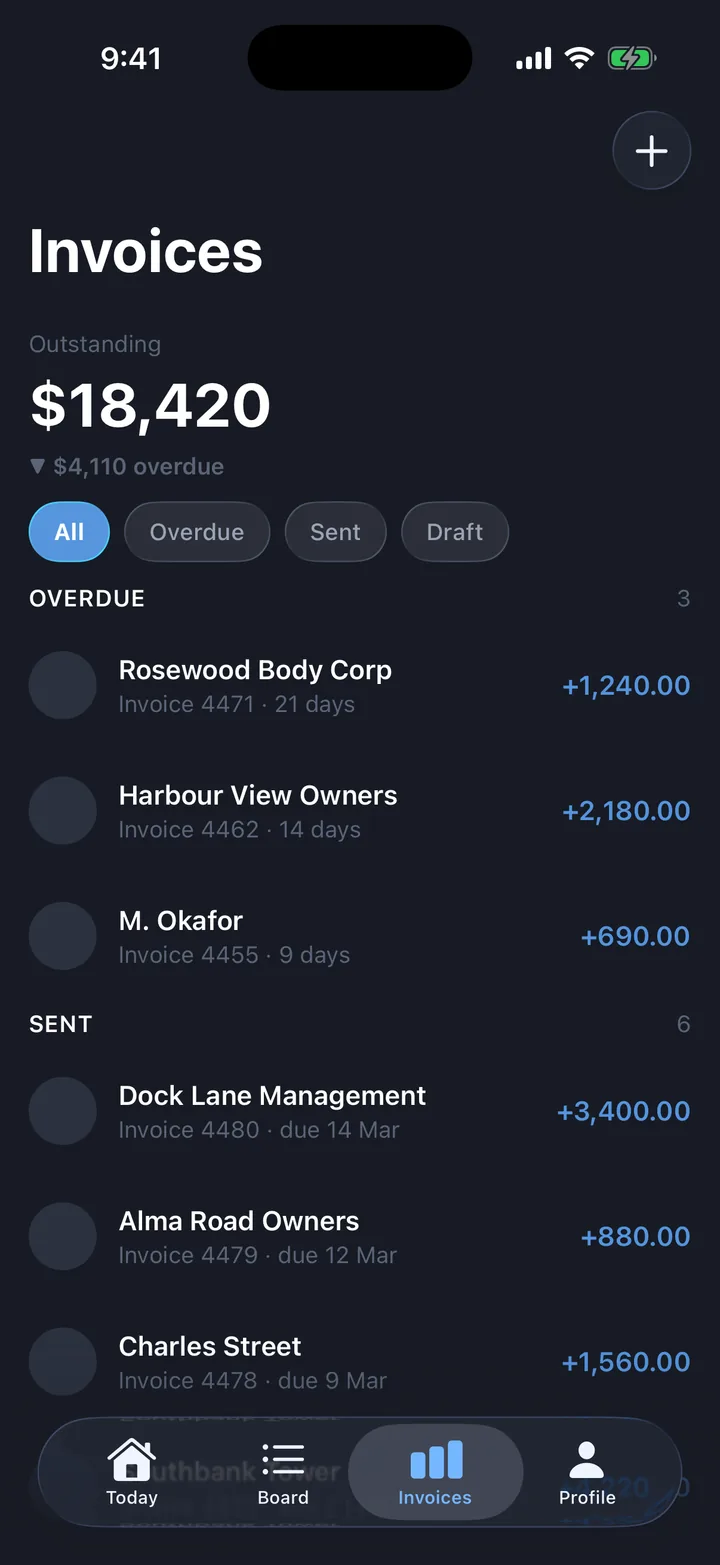 Jobs & field service, the Invoices screen