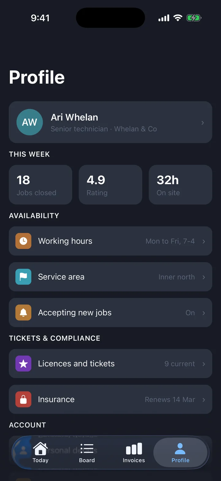 Jobs & field service, the Profile screen