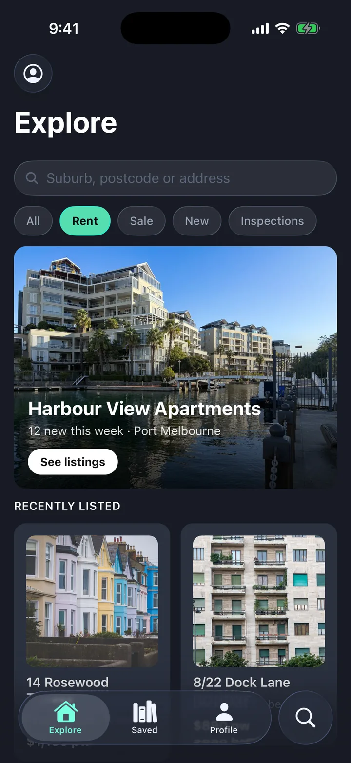 Listings & stays, the Explore screen