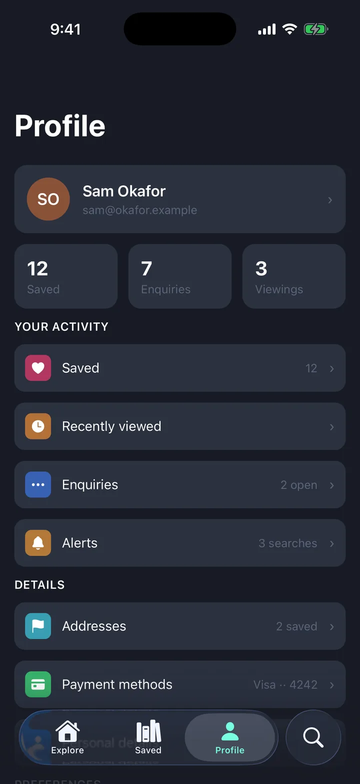 Listings & stays, the Profile screen