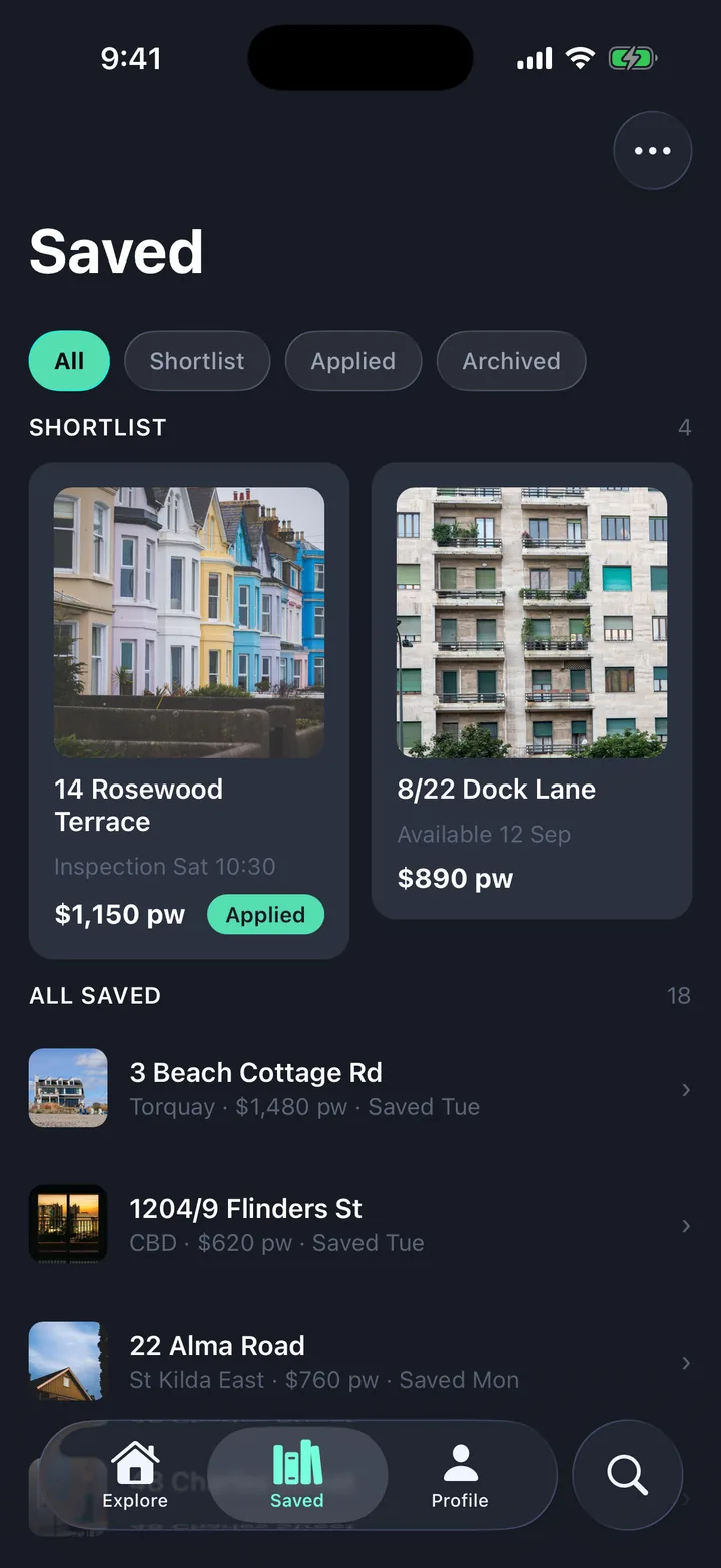 Listings & stays, the Saved screen