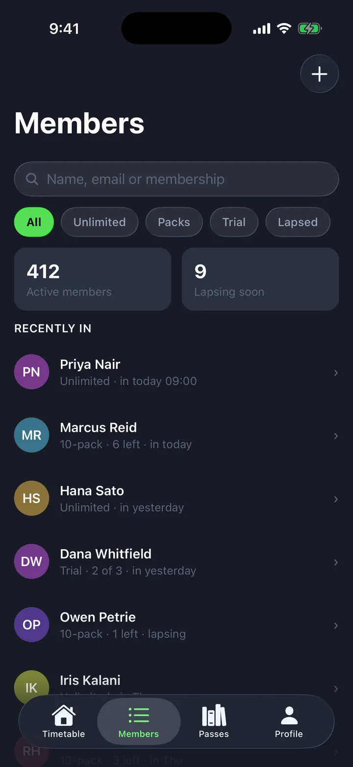 Members & classes, the Members screen