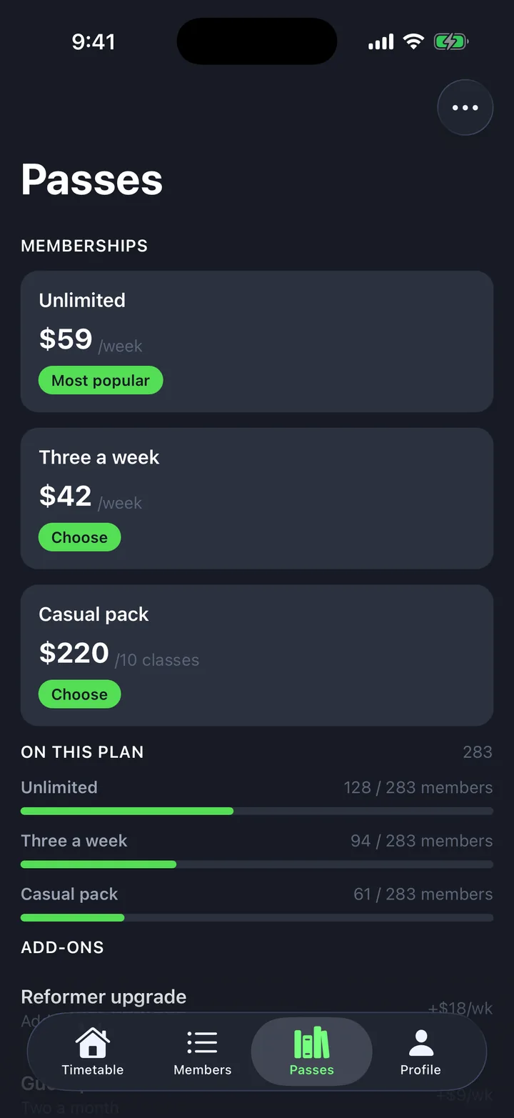 Members & classes, the Passes screen