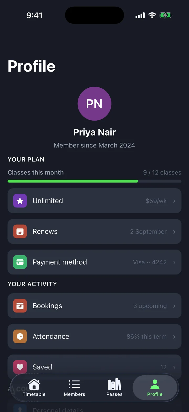 Members & classes, the Profile screen