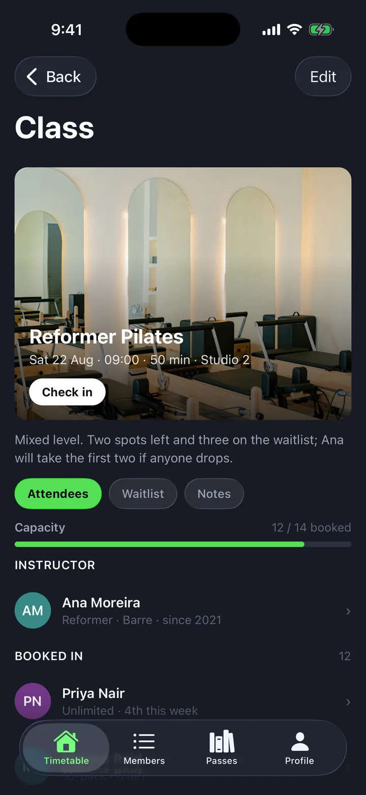 Members & classes, the Class screen