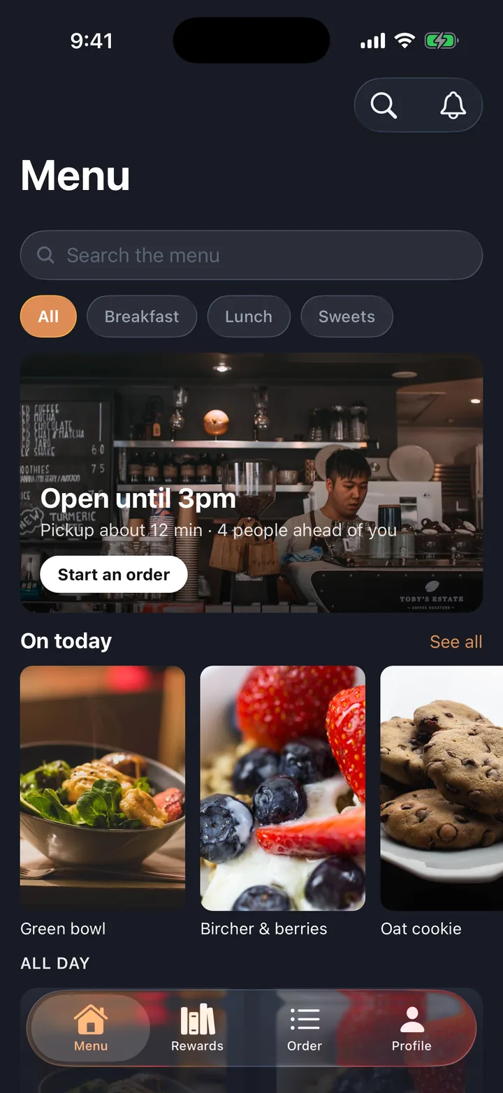 Orders & menu, the Menu screen