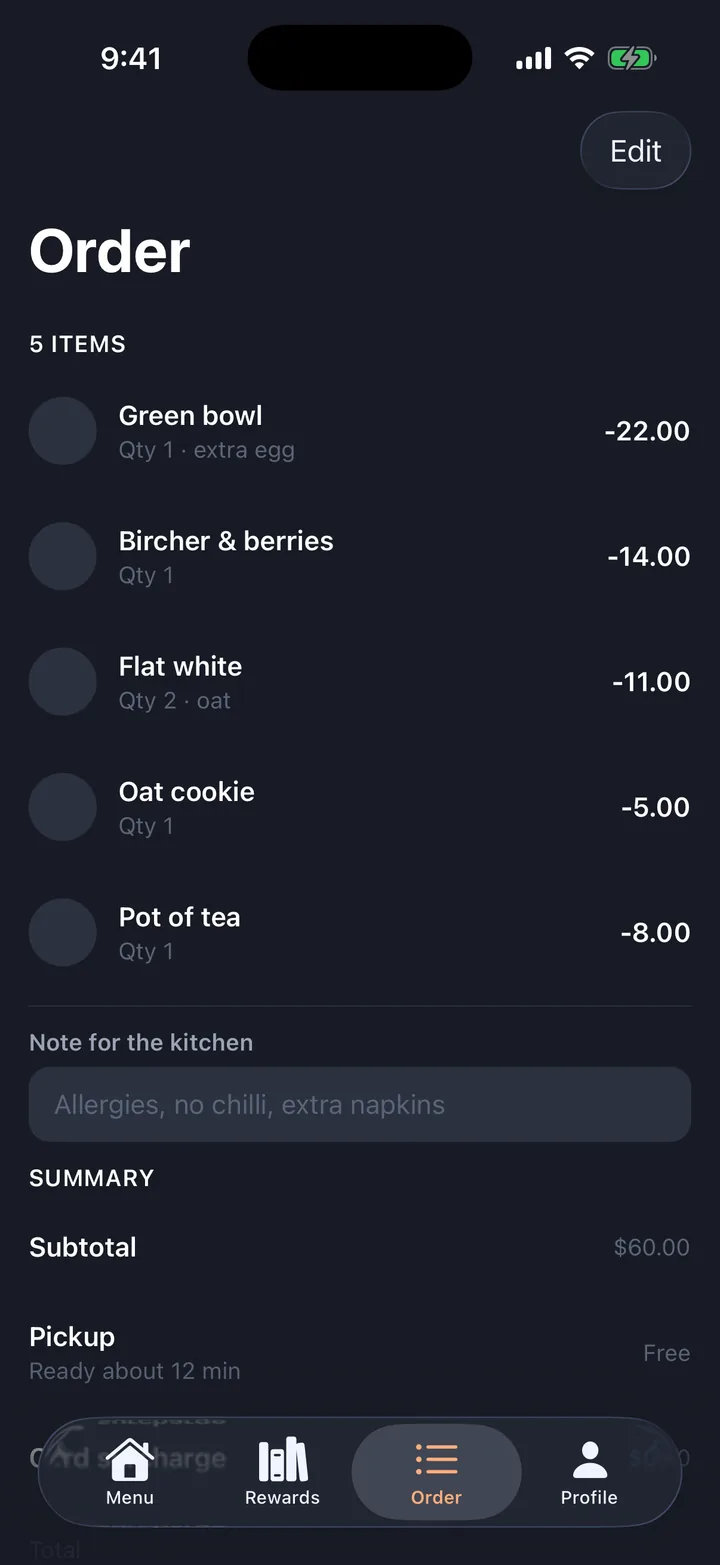 Orders & menu, the Order screen