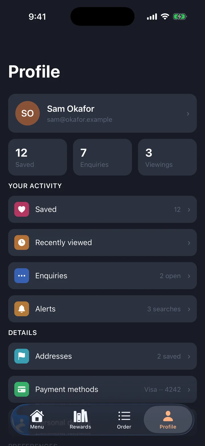 Orders & menu, the Profile screen