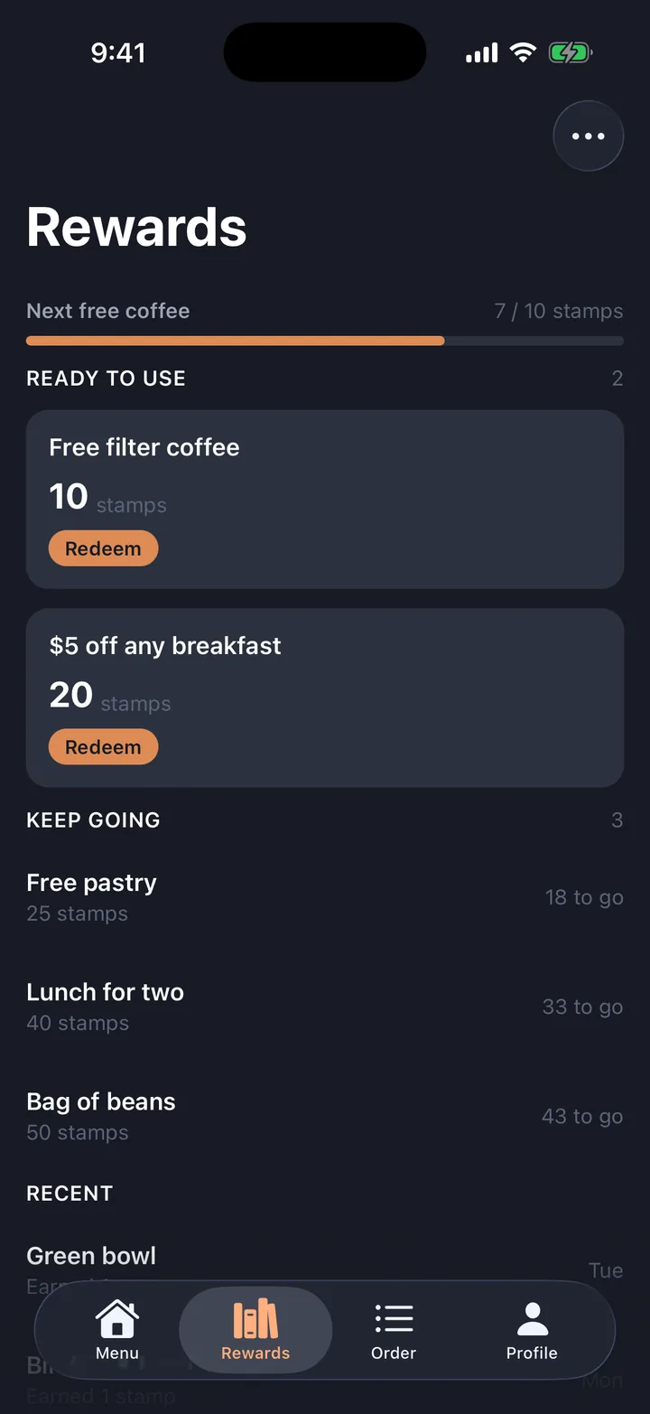Orders & menu, the Rewards screen