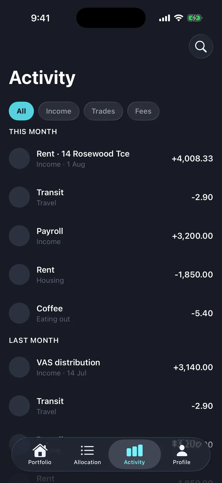 Portfolio & holdings, the Activity screen