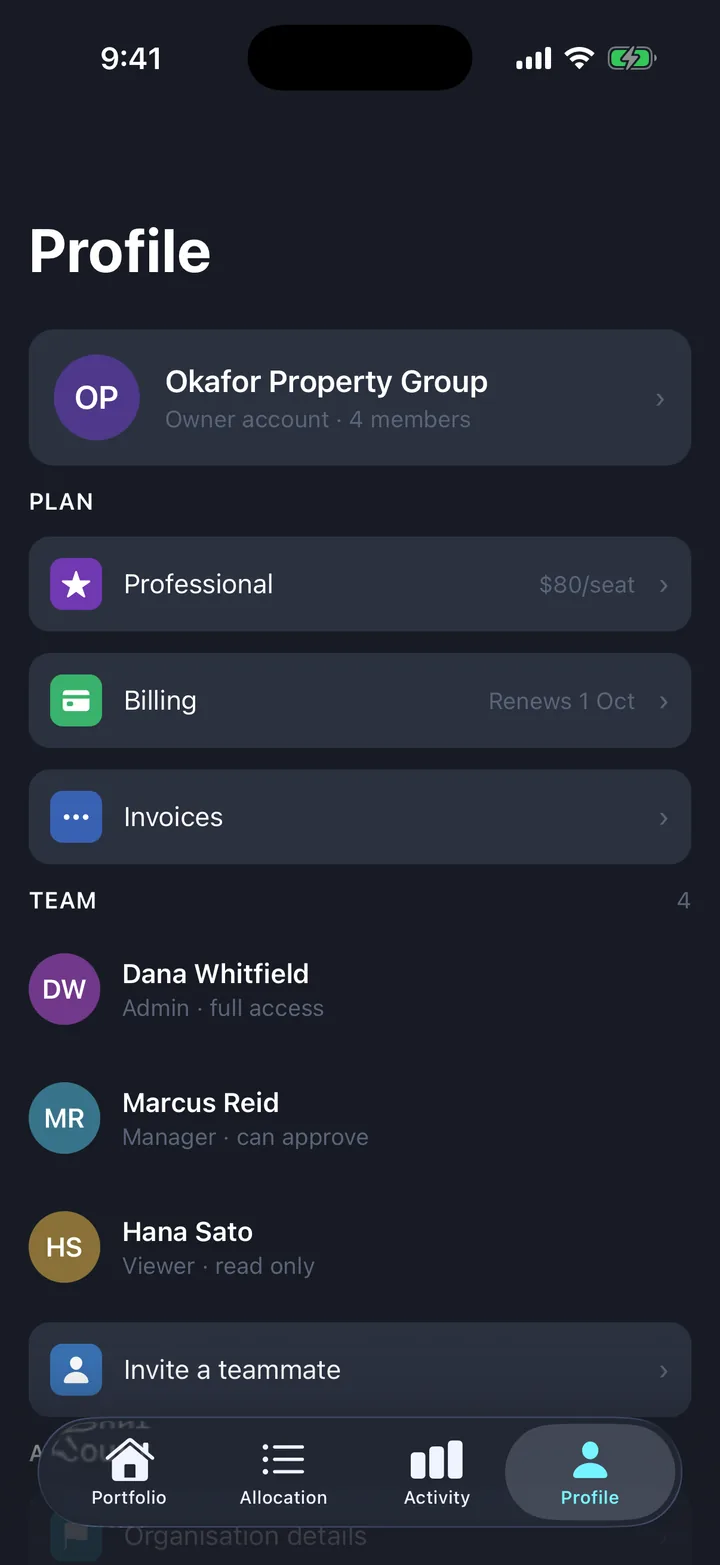 Portfolio & holdings, the Profile screen