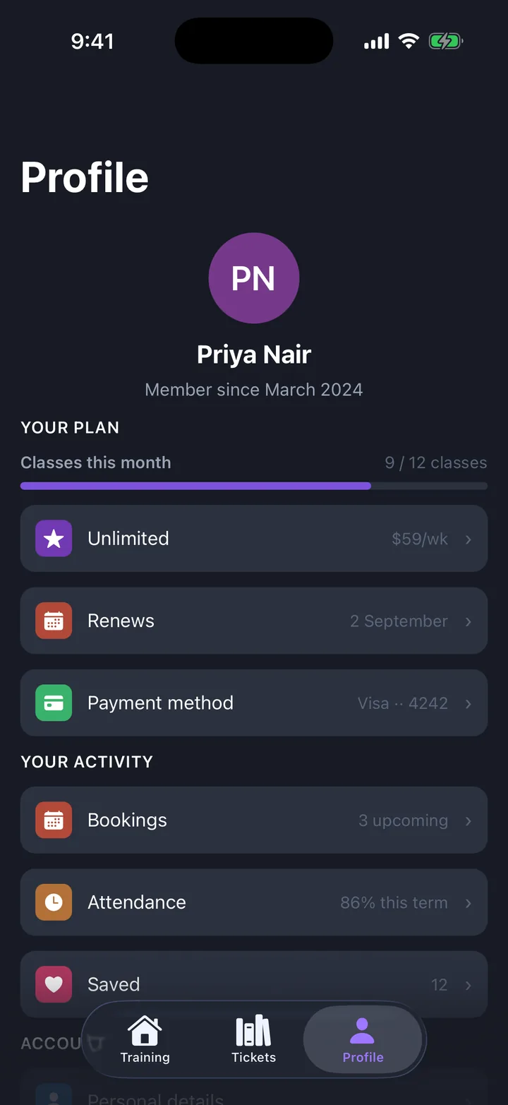 Training & compliance, the Profile screen