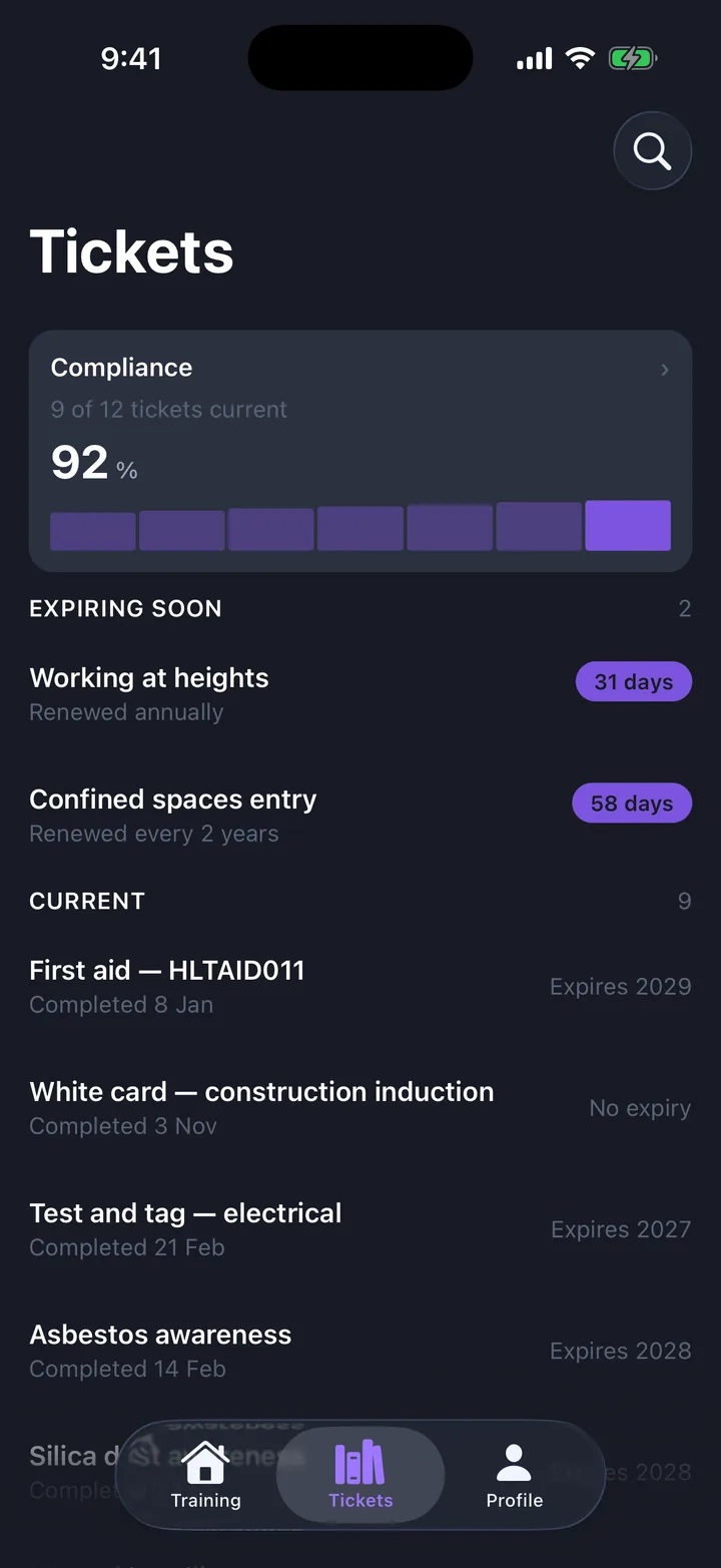 Training & compliance, the Tickets screen