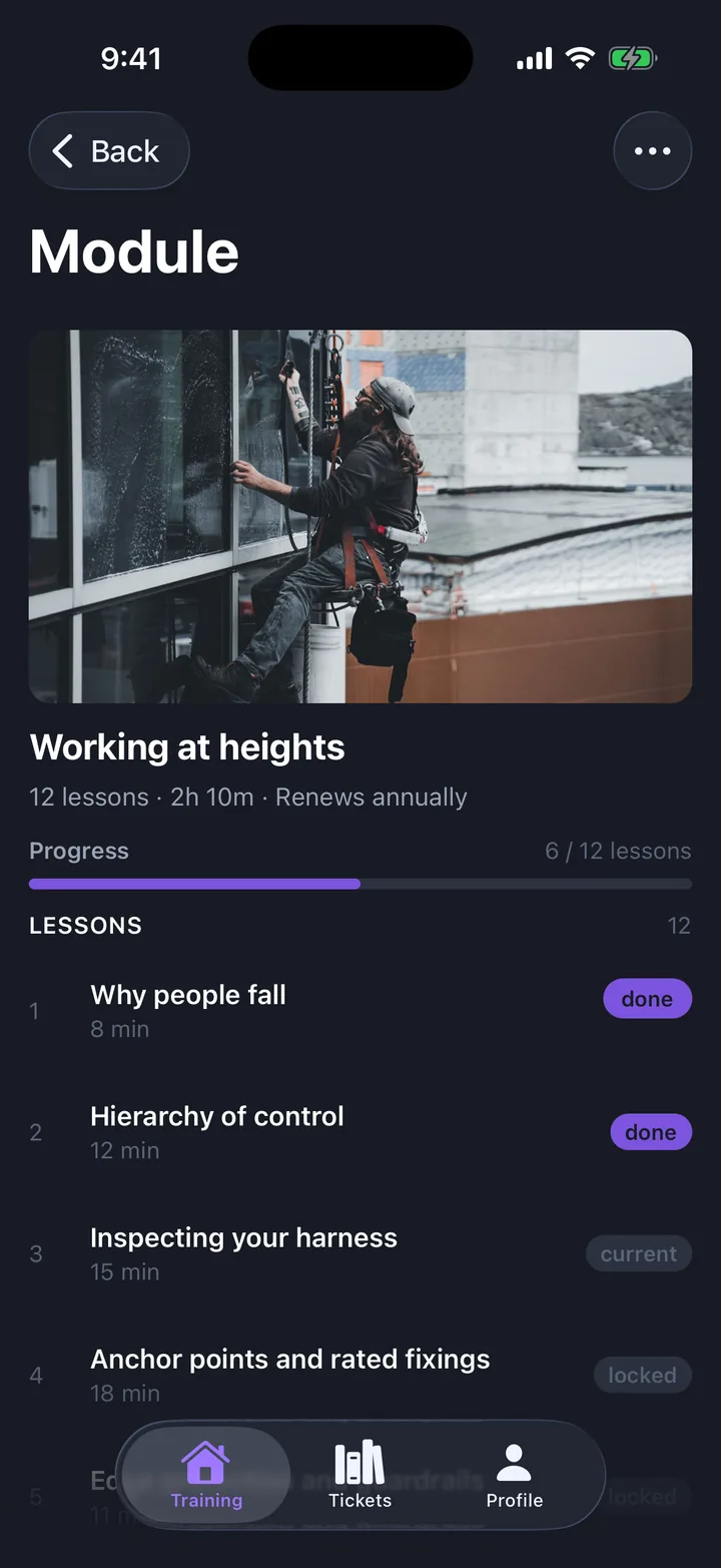 Training & compliance, the Module screen