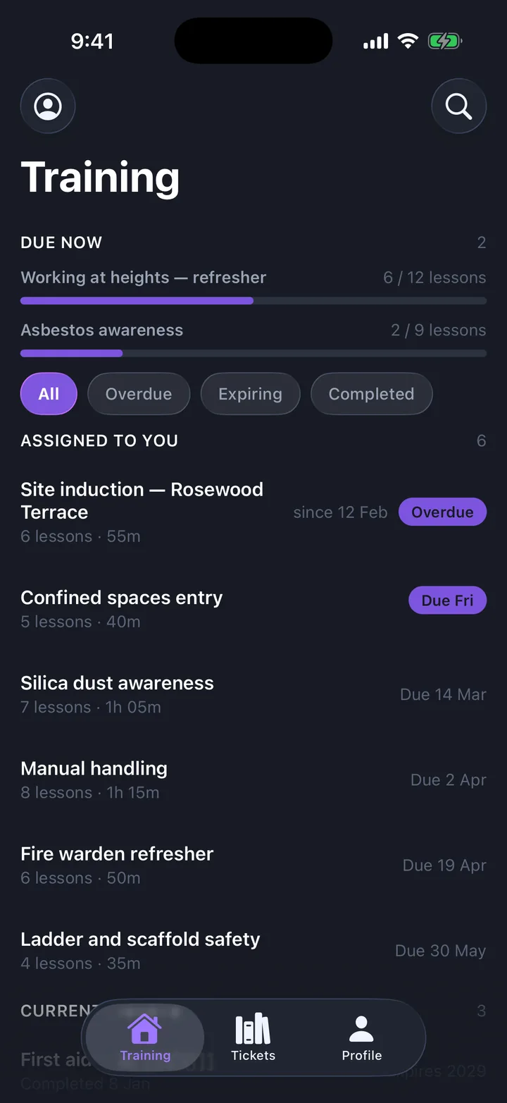 Training & compliance, the Training screen