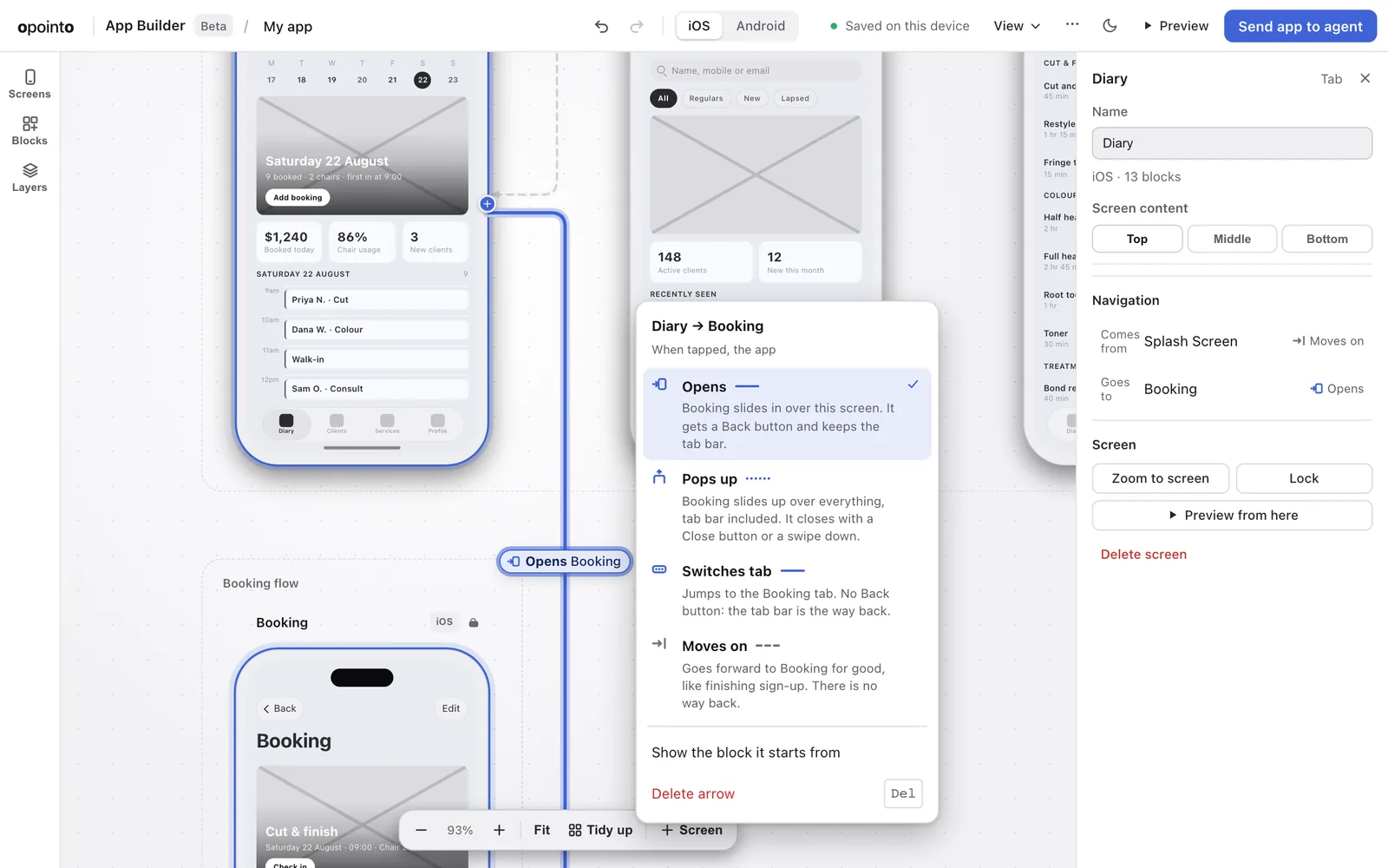 The App Builder’s arrow menu, offering Opens, Pops up, Switches tab and Moves on, each with a sentence on what it builds