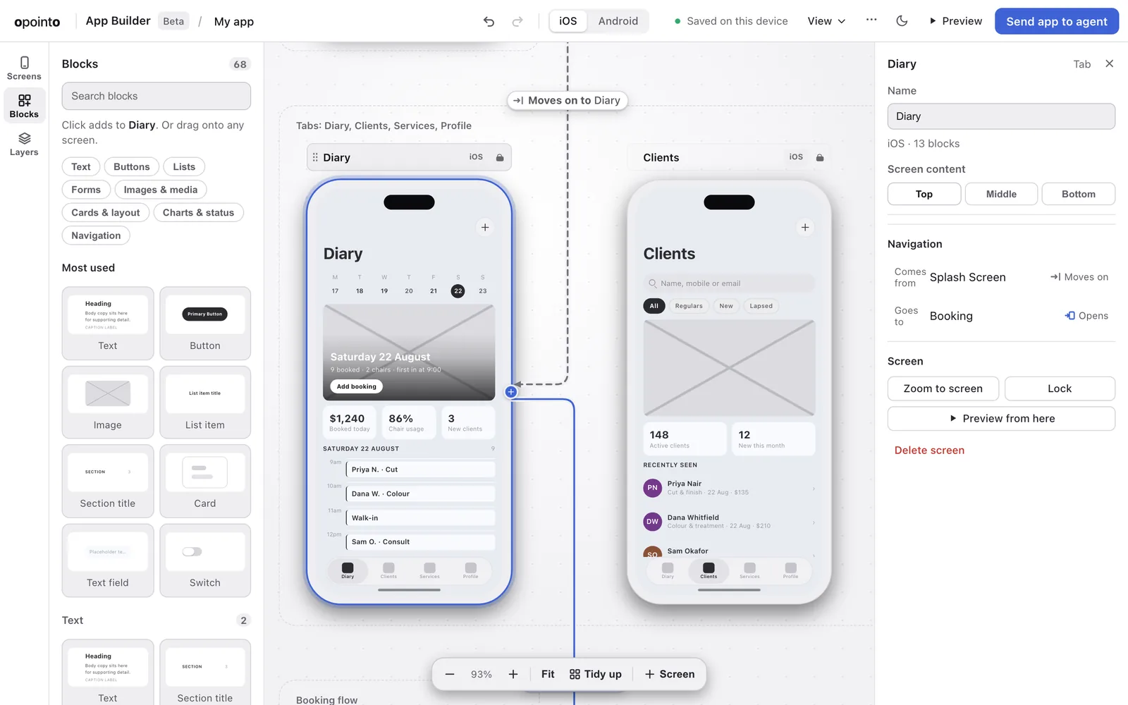 The App Builder with the Bookings starter open: blocks named in plain words on the left, two screens on the canvas