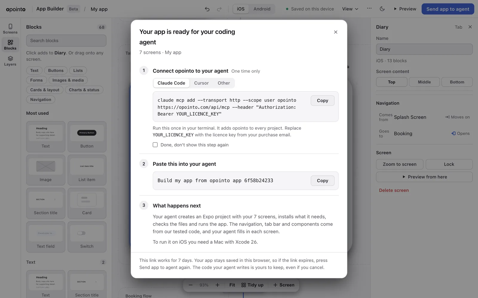 The App Builder's handover dialog: connect opointo to your agent once, then paste one line to build the app