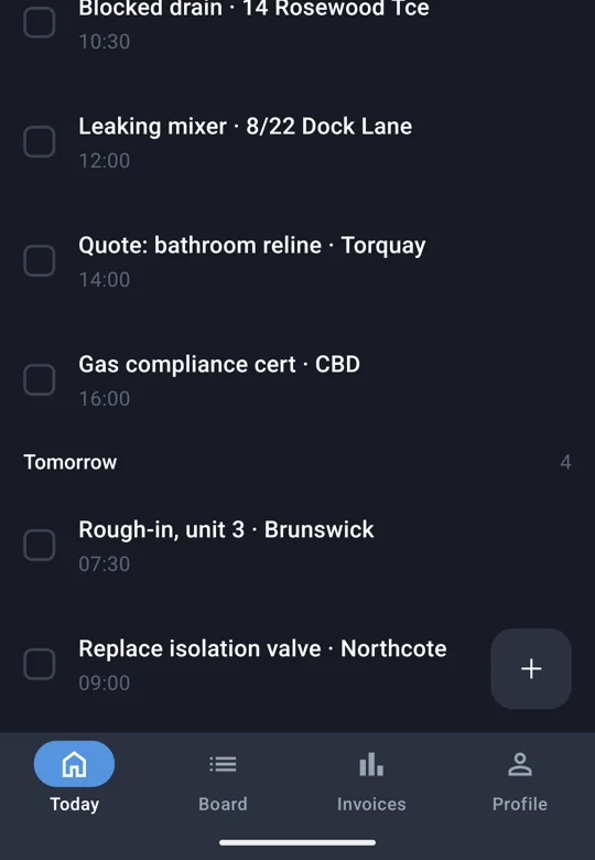 A generated list screen with a floating add button in the corner above the tab bar, on Android