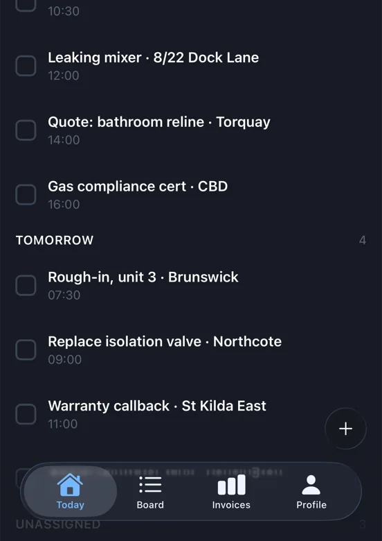 A generated list screen with a floating add button in the corner above the tab bar, on iOS
