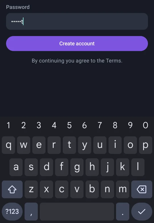 A generated sign-up form with the password hidden as dots, on Android
