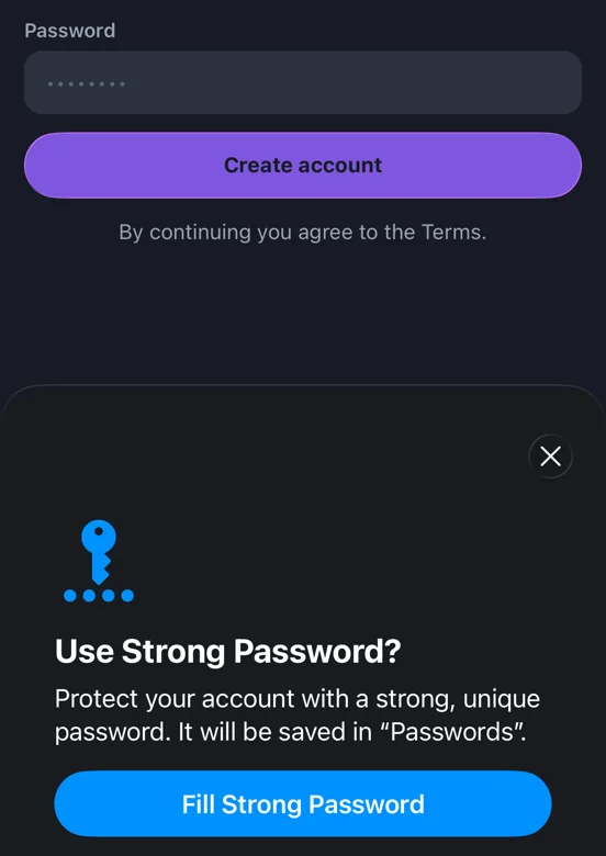 A generated sign-up form with the password hidden as dots, on iOS