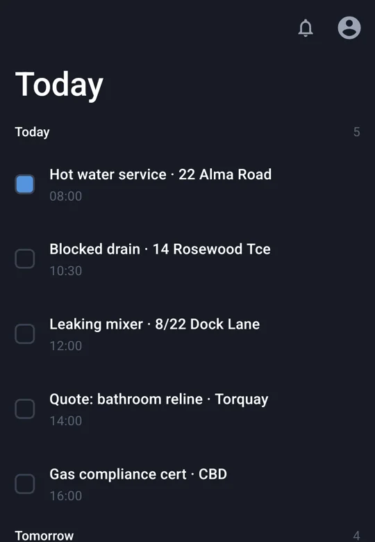 A generated Today screen with a profile button and a notifications button in its header, on Android