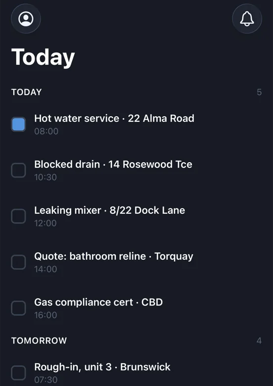 A generated Today screen with a profile button and a notifications button in its header, on iOS